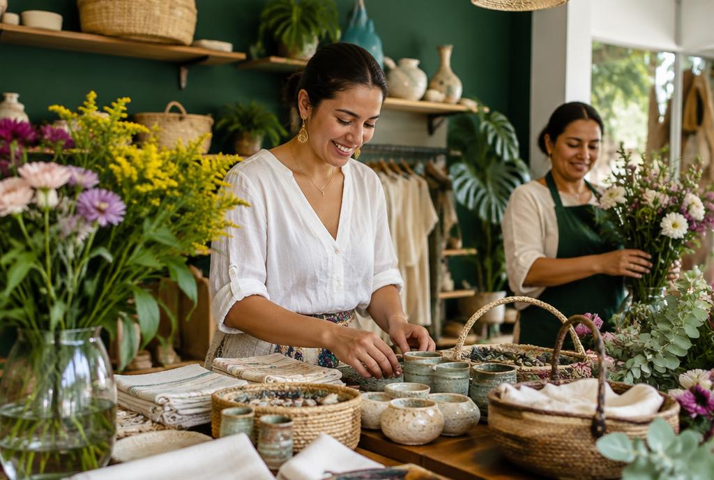 Emprendedoras organizando productos artesanales en un local